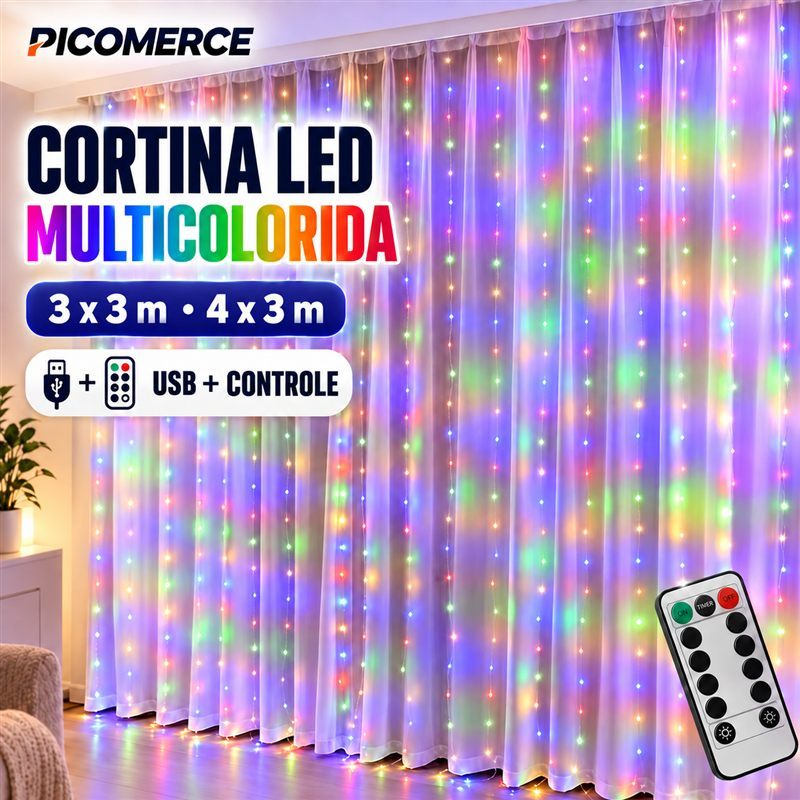 Achadinho da hora: Cortina de Luz LED Multicolorida 3x3m ou 4x3m USB com Controle Remoto, 8 Modos para Festa e