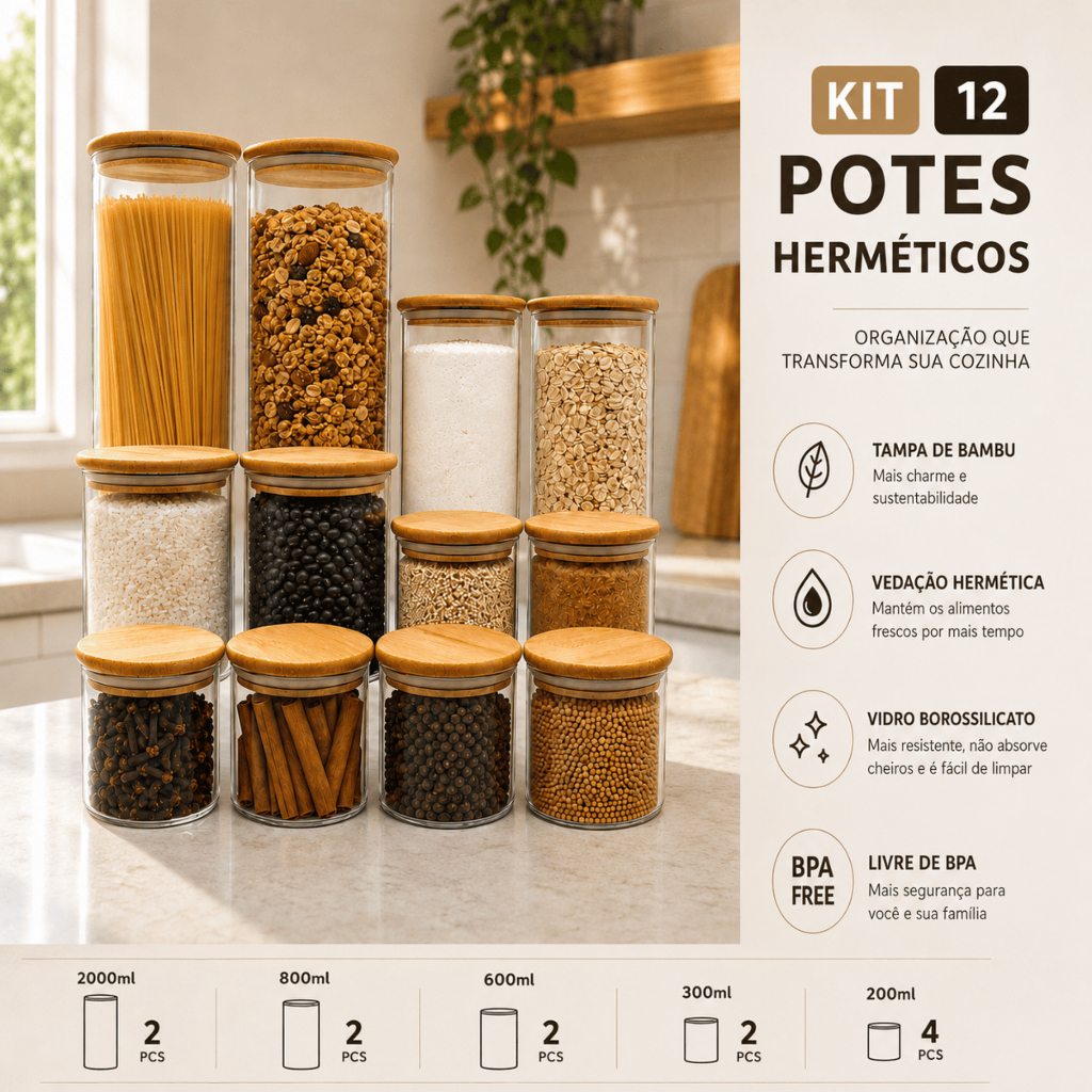 Achadinho da hora: Kit 12 Potes Hermético Vidro Tampa de Bambu Armazenar Alimentos Redondo