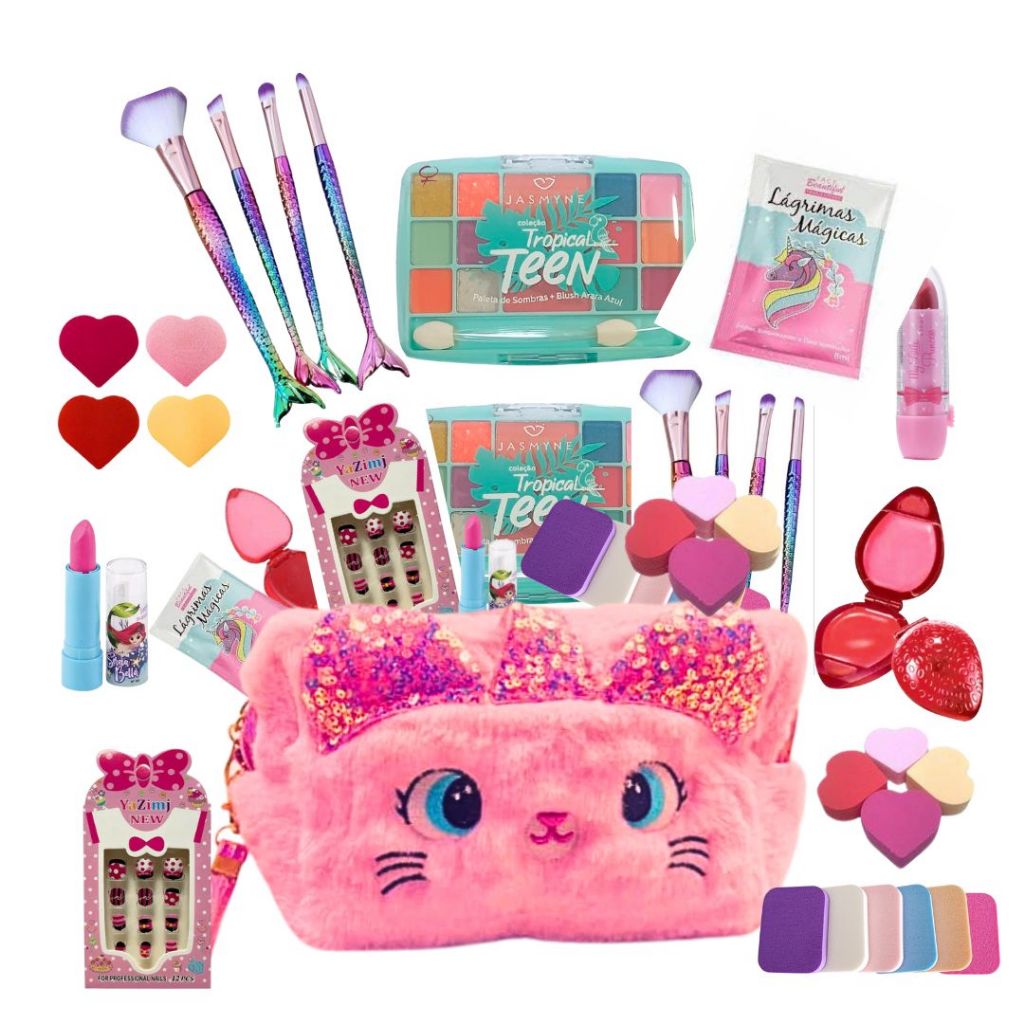 Achadinho da hora: Kit maquiagem Bolsinha Sombras Pinceis batom gloss Unhas skin care completo