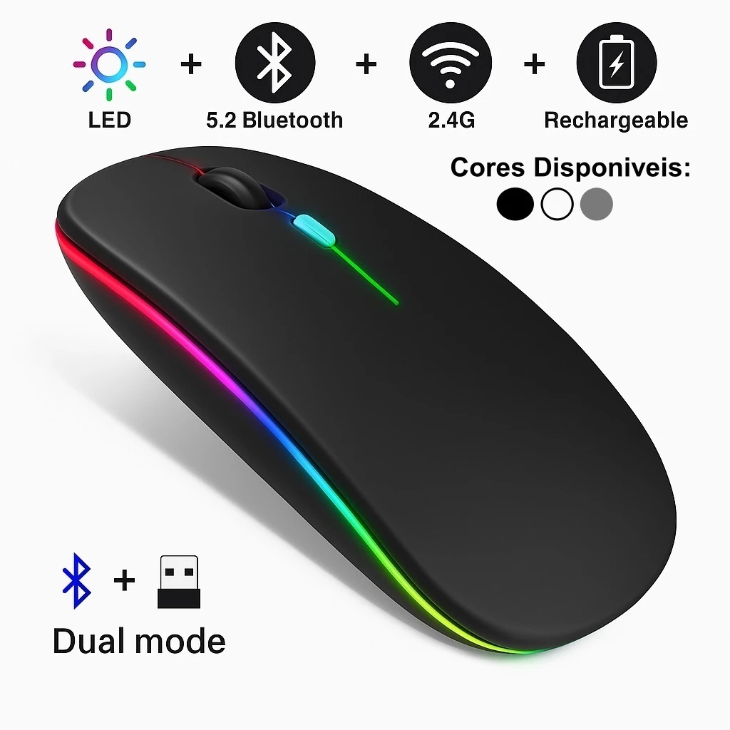 Achadinho da hora: Mouse Sem Fio com Bluetooth Recarregável Wireless Led Rgb Ergonômico TECNO
