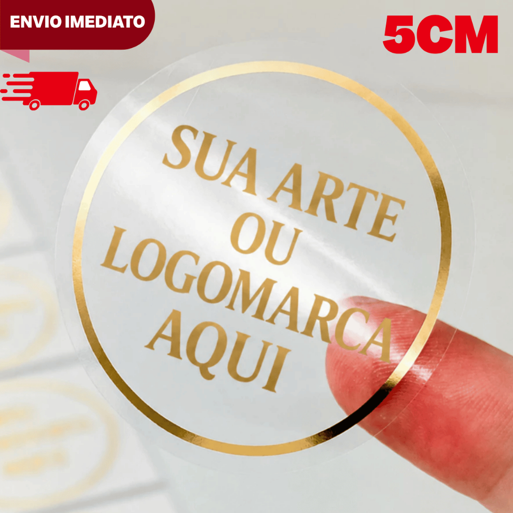 Achei na Shopee: Adesivo personalizado 5cm redondo ou quadrado transparente sua arte ou logo aqui dourado prata