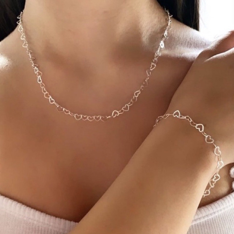 Achei na Shopee: Conjunto Colar E Pulseira De Prata 925 a ouro 18k Corrente Feminina Coração
