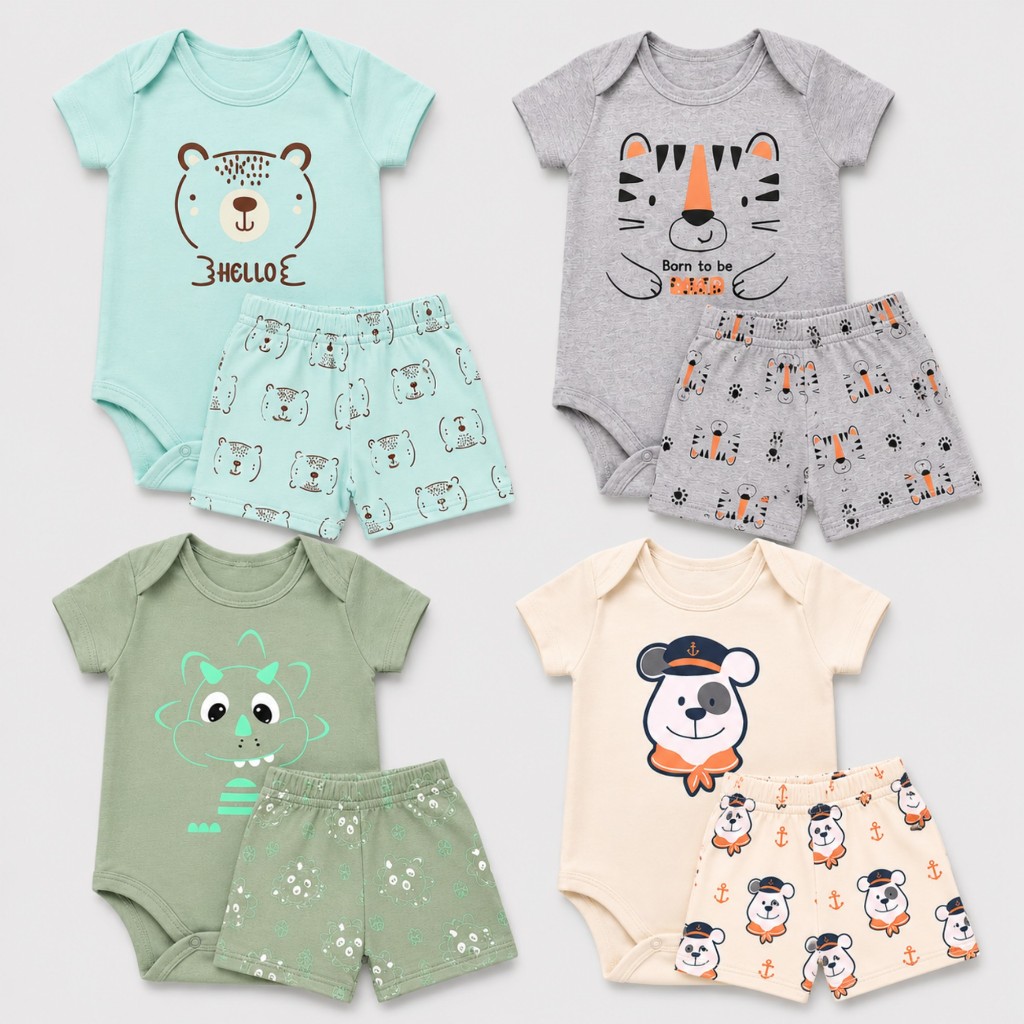 Achei na Shopee: Kit 4 Peças Body Bebê Menino Fofo + Short Tapa Fralda Estampas Sortidas RN ao GG Enxoval