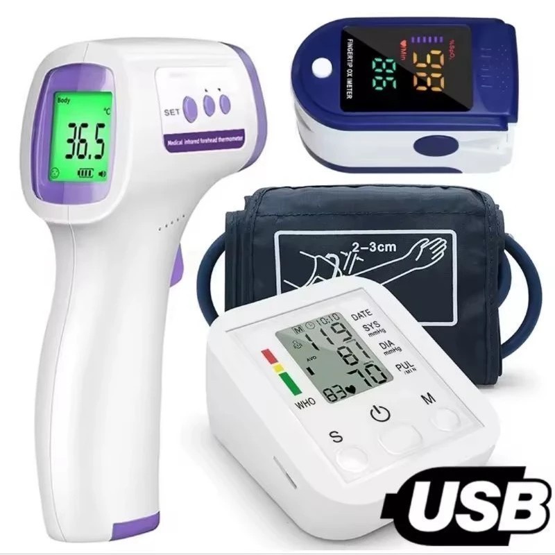 Achei na Shopee: Kit Medidor de pressão arterial digital + tensiômetros +Termômetro infravermelho + oxímetro de