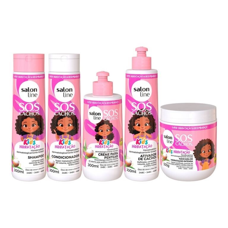 Achei na Shopee: Kit Shampoo + Condicionador + Máscara + Ativador de Cachos + Creme de Pentear SOS Cachos Kids
