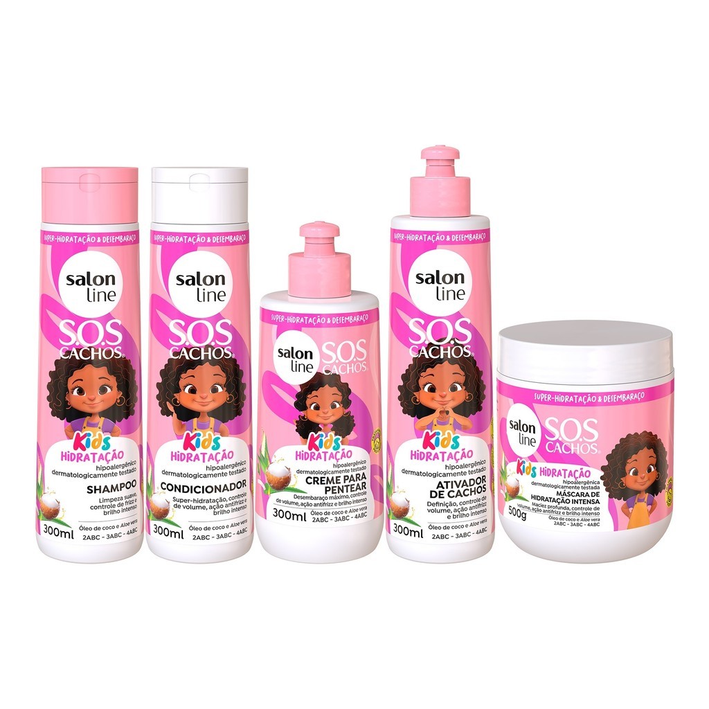 Achei na Shopee: Kit Shampoo + Condicionador + Máscara + Ativador de Cachos + Creme de Pentear SOS Cachos Kids