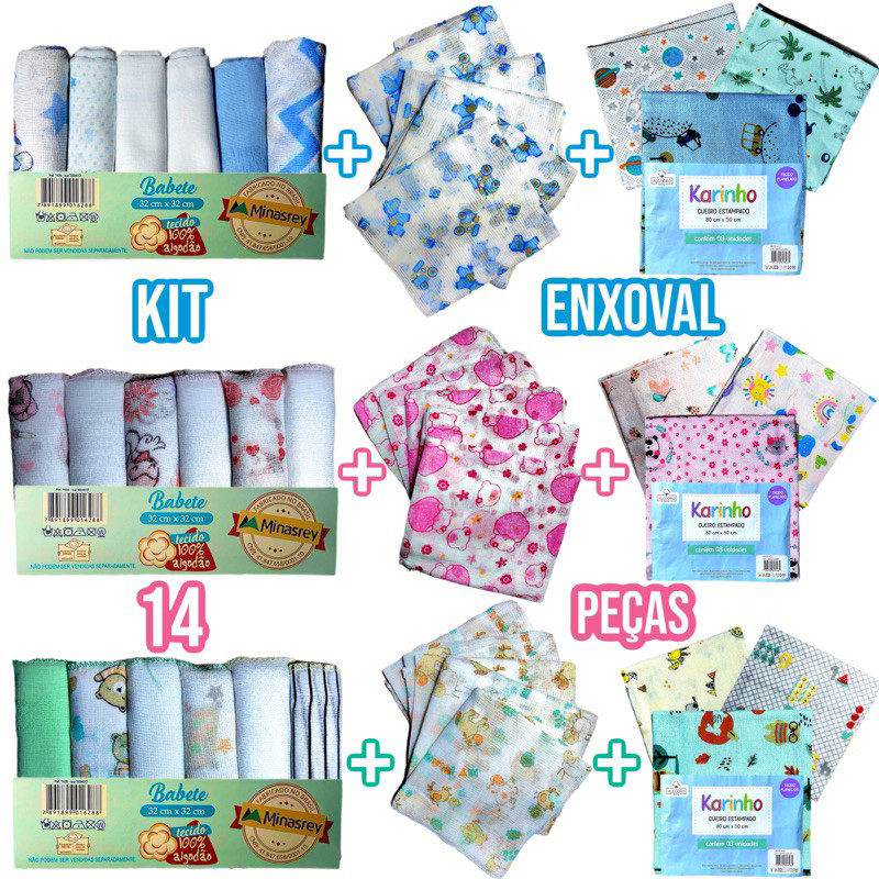 Olha esse achadinho de bebês: Kit Bebe Infantil 14 Peças 6 Paninho de Boca 5 Fralda de Pano 3 Cueiro Flanelado 100% Algodão