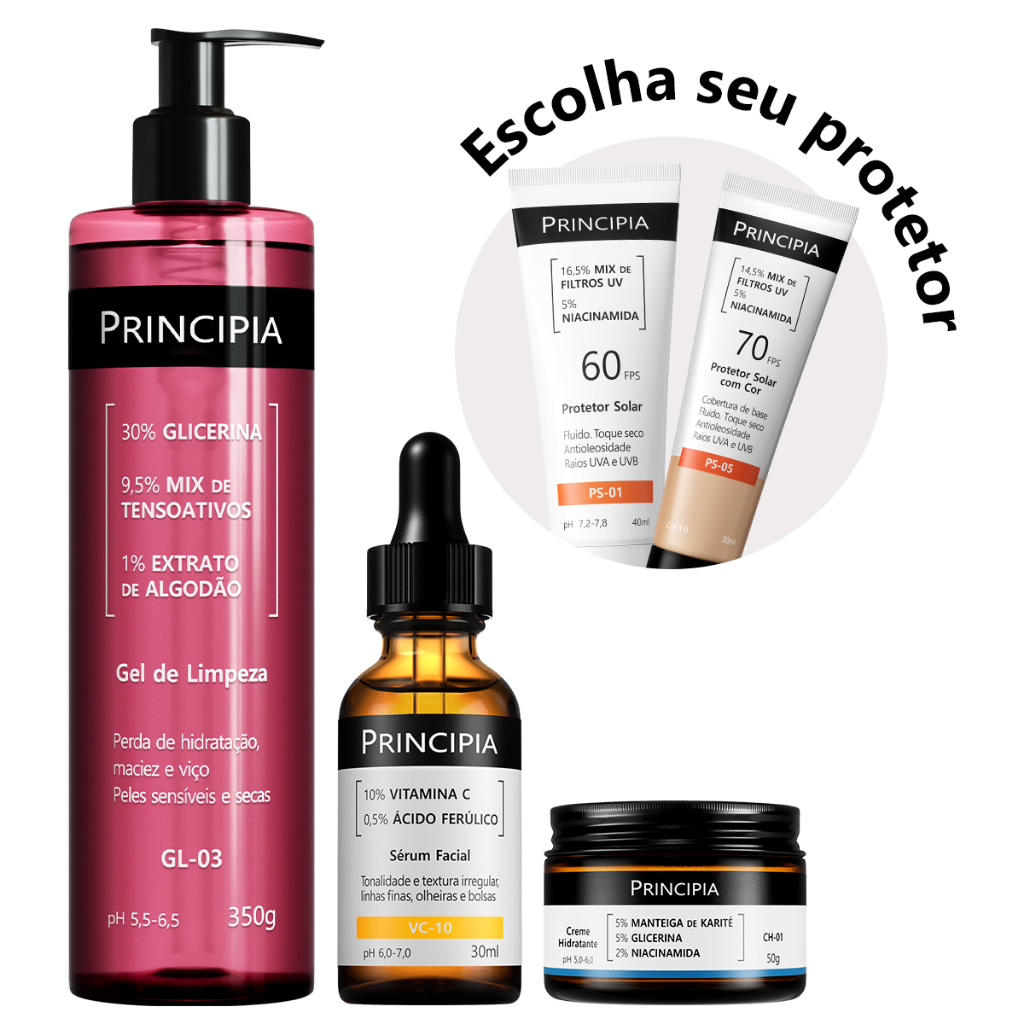 Olha esse achadinho de skincare: Principia Kit Essencial GL-03 + CH + VC + PS-01 FPS 60 ou PS-05 FPS 70